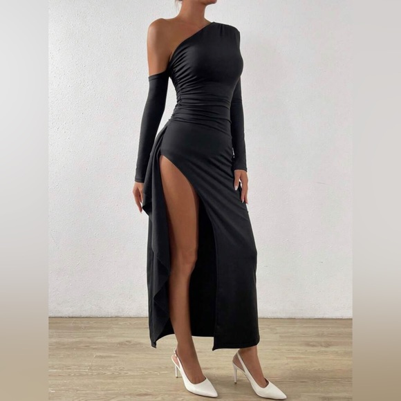 Black Asymmetrical Neck Dress with Leg Slit - Picture 2 of 8